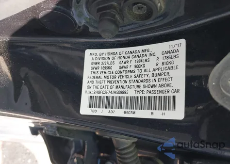 2018 Honda Civic Ex z USA, uszkodzony, nr VIN 2HGFC2F74JH509895